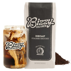 Bizzy Cold Brew decaf coarse-ground coffee ready for at-home brewing.