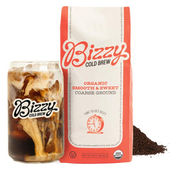 Bizzy Organic Cold Brew coarse-ground Arabica for smooth extraction.