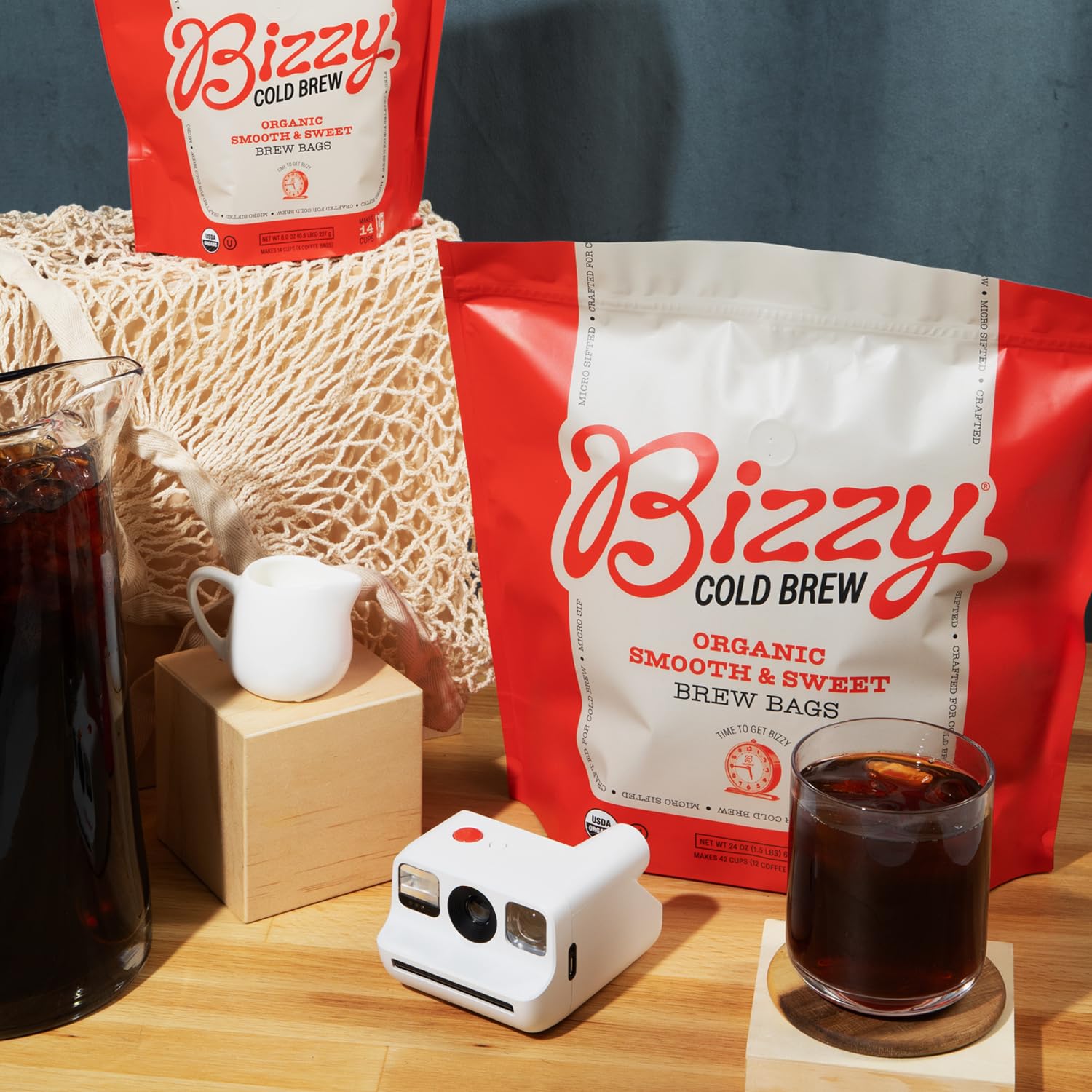 Bizzy Organic Cold Brew Coffee brew bags ready for quick, mess-free cold brew