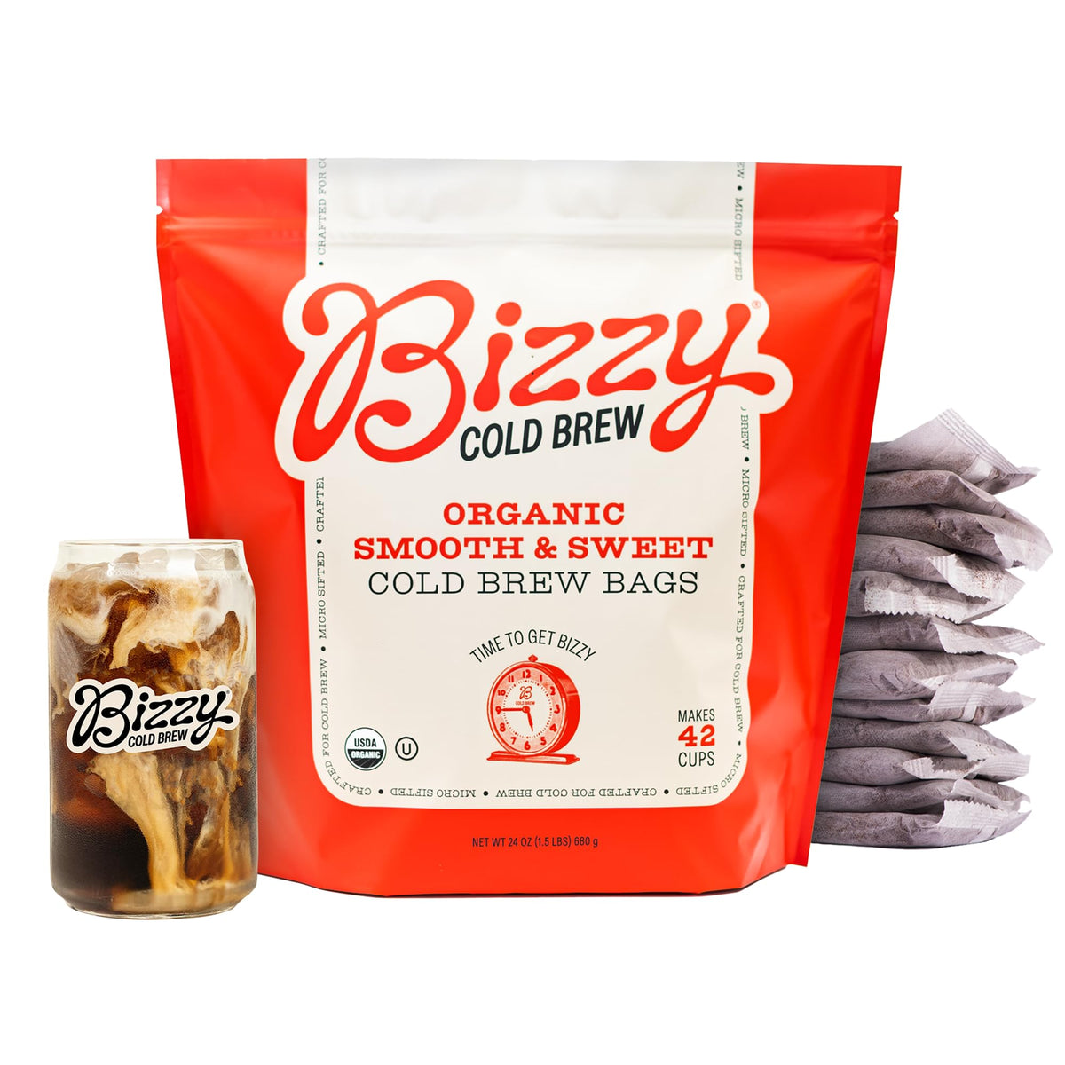 Bizzy Organic Cold Brew Coffee package shows convenient packaging for quick, easy cold brew at home
