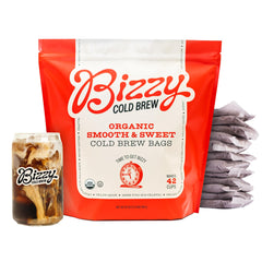 Bizzy Organic Cold Brew Coffee package shows convenient packaging for quick, easy cold brew at home