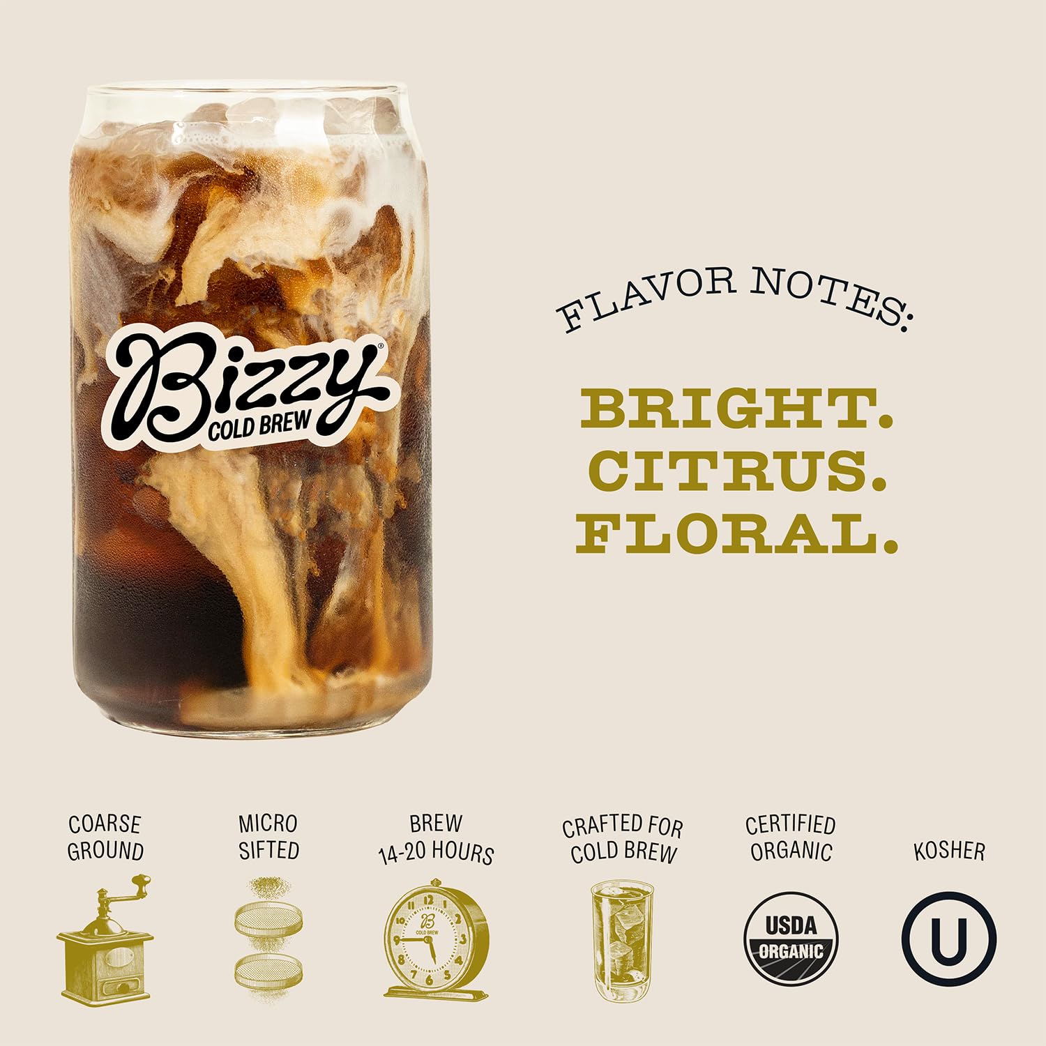 Bizzy Organic Cold Brew kosher-certificates indicating organic, kosher-approved ingredients.