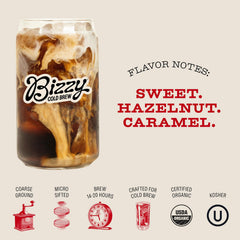 Bizzy Organic Cold Brew medium roast image highlights sweet caramel and hazelnut notes