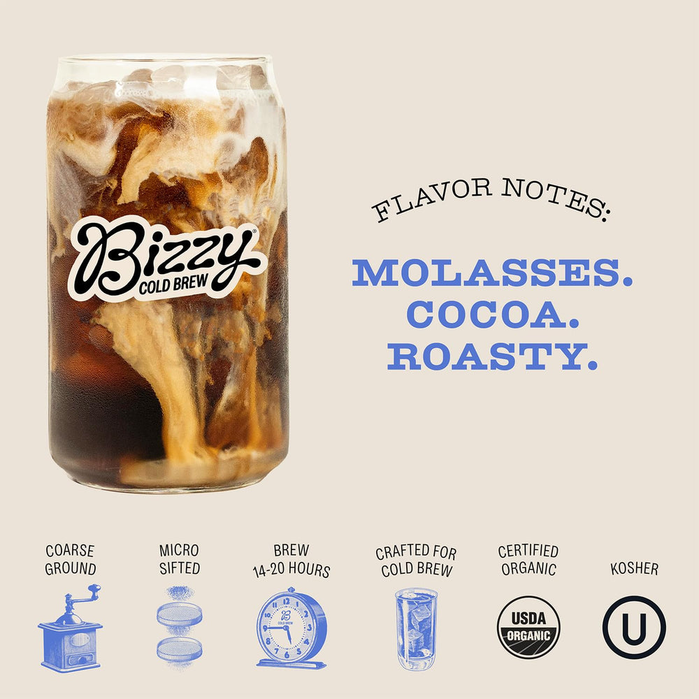 Bizzy Organic Cold Brew micro-sifted coffee for crisp flavor extraction.