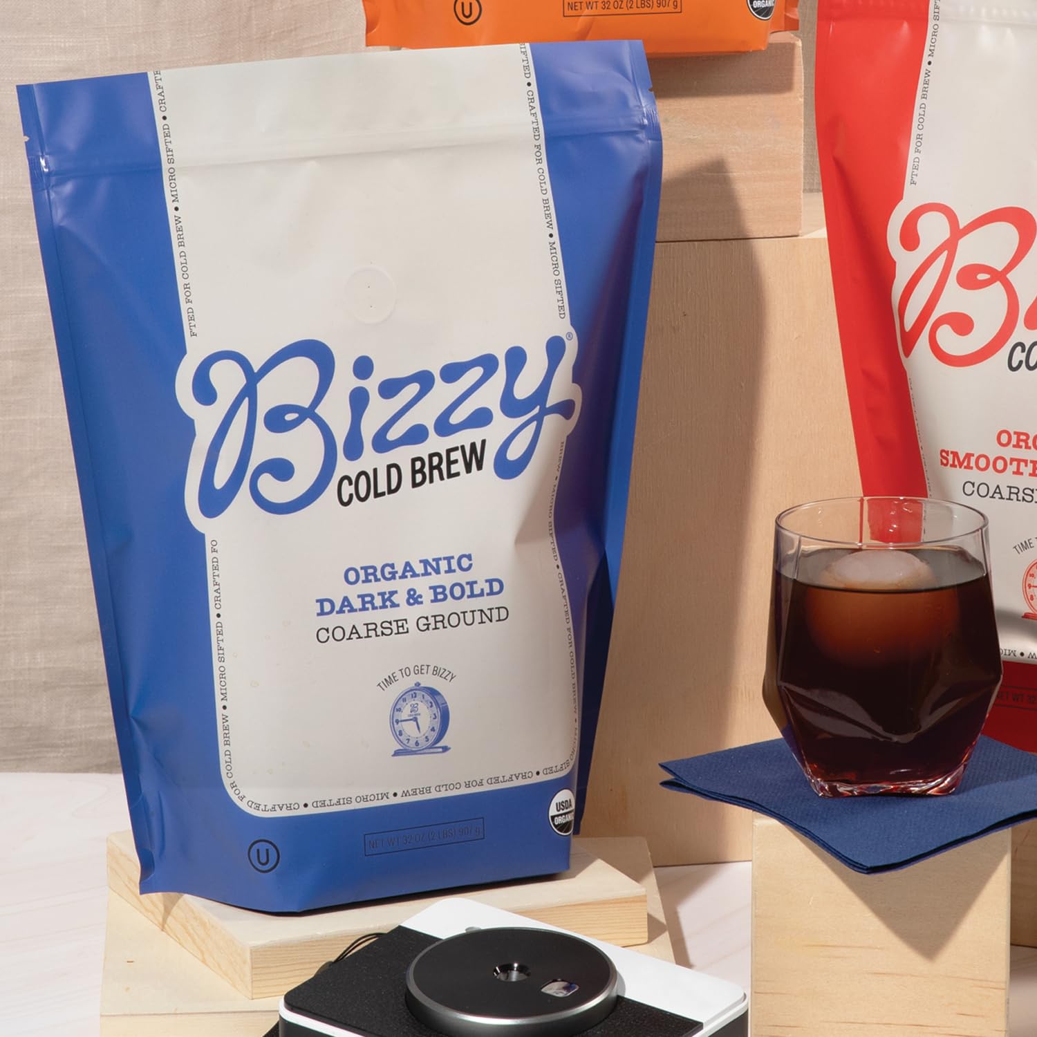 Bizzy Organic Cold Brew micro sifted for clean flavor.