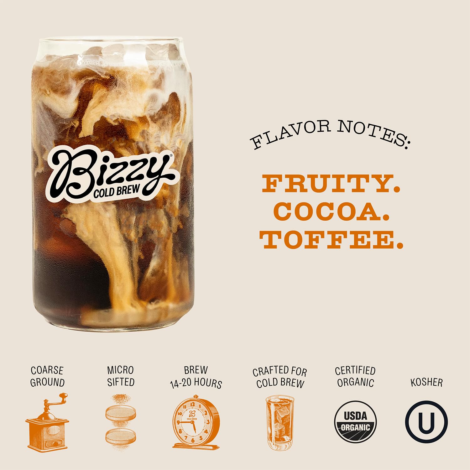 Close-up of micro-sifted coarse-ground Bizzy Organic coffee.