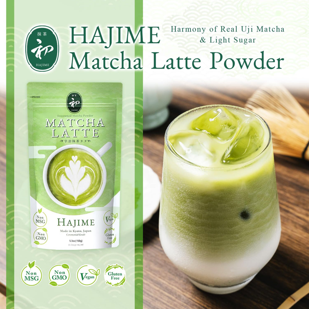 HAJIME matcha latte powder scoop beside the jar for easy measuring and brewing.