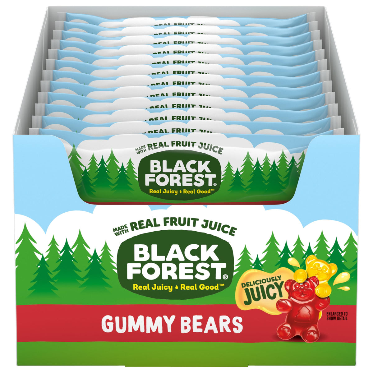 Black Forest Gummy Bears front-pack displaying six real-fruit flavors for convenient snacking