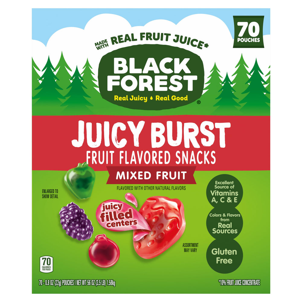 Black Forest Juicy Burst box with 70 pouches for on-the-go snacking.