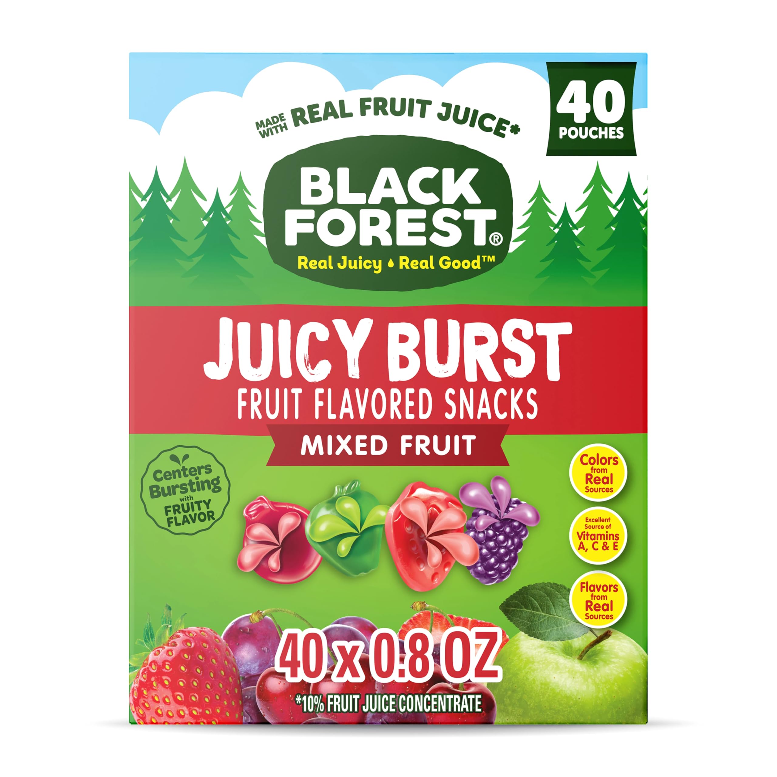 Box front of Black Forest Juicy Burst Mixed Fruit Snacks, convenient 40-pack for on-the-go.
