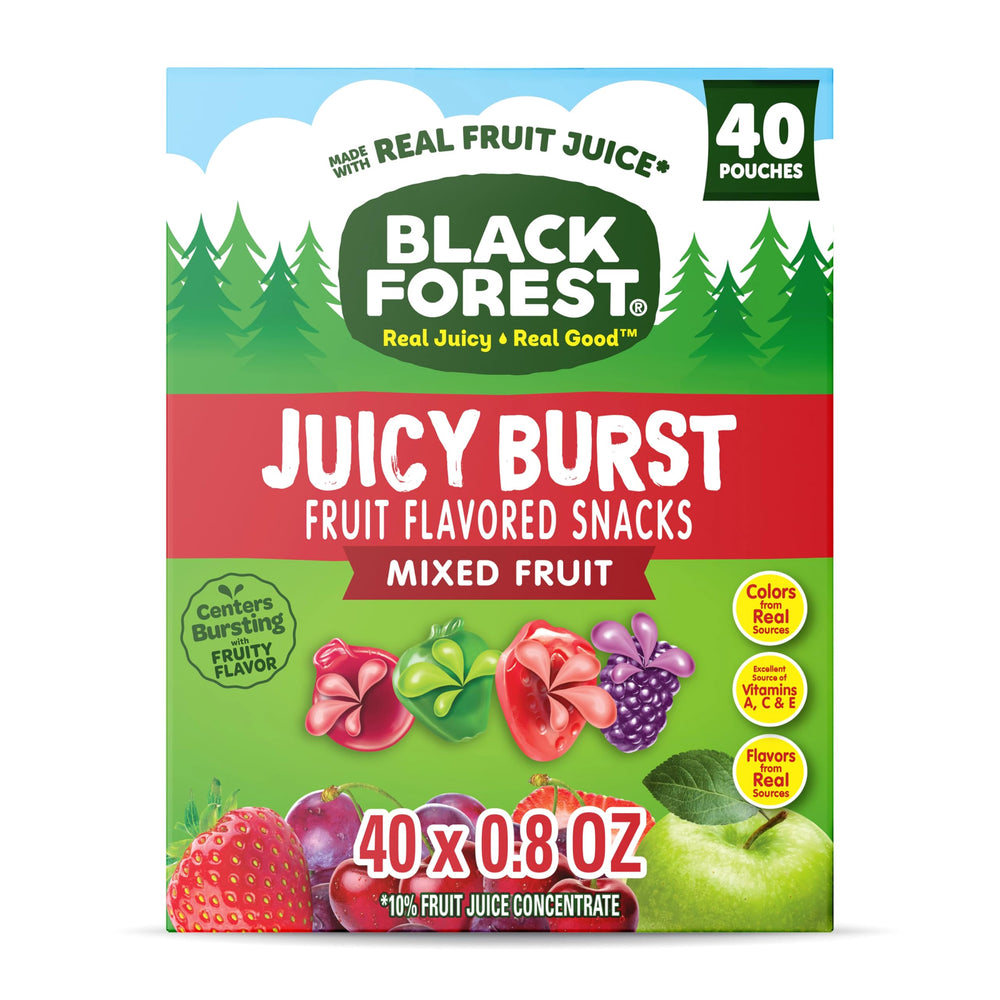 Box front of Black Forest Juicy Burst Mixed Fruit Snacks, convenient 40-pack for on-the-go.