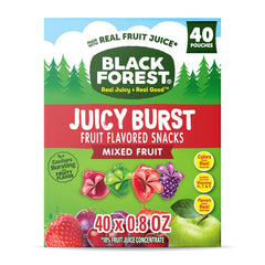 Box front of Black Forest Juicy Burst Mixed Fruit Snacks, convenient 40-pack for on-the-go.