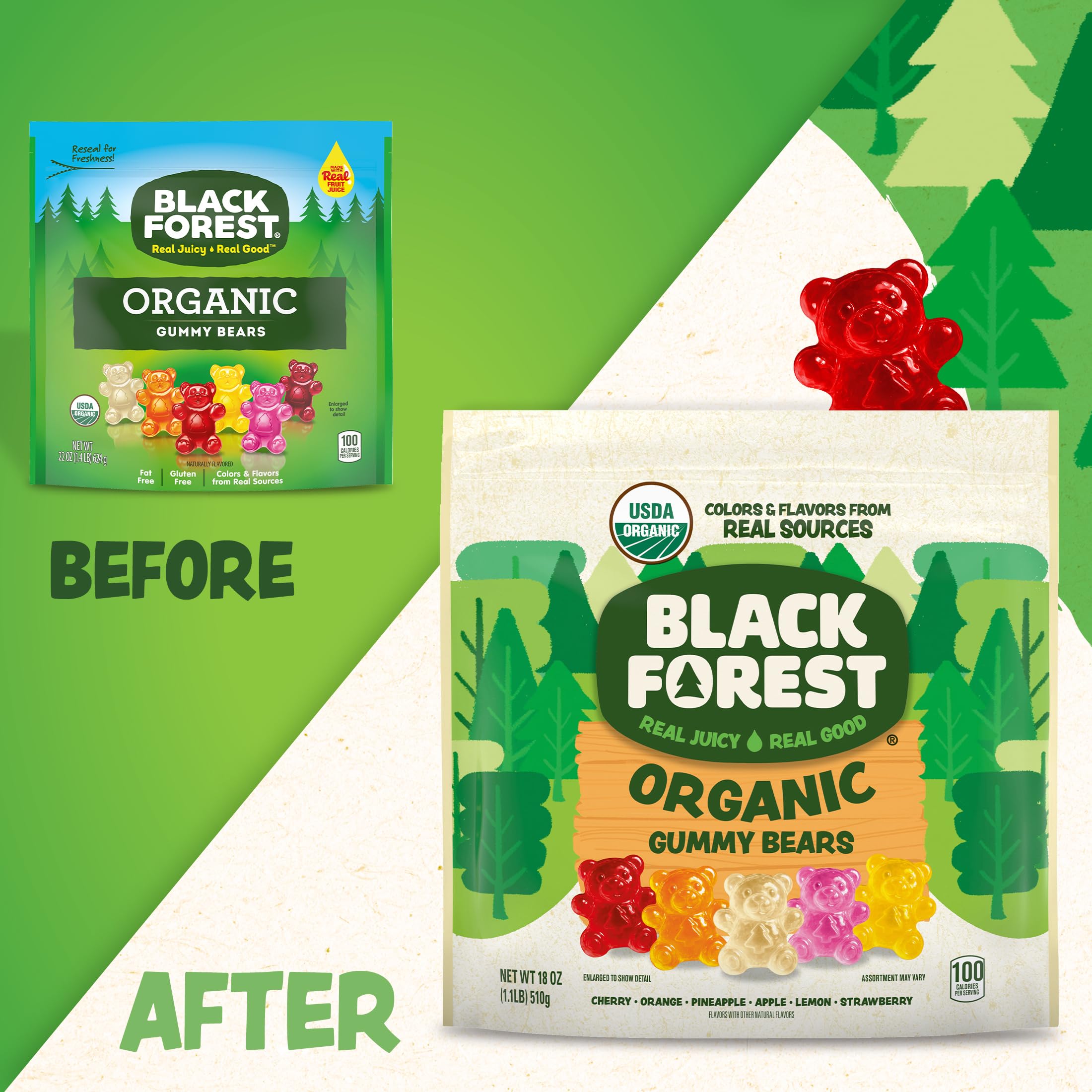 Black Forest Organic Gummy Bears cherry-flavor gummies in a bright red group.