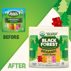 Black Forest Organic Gummy Bears cherry-flavor gummies in a bright red group.