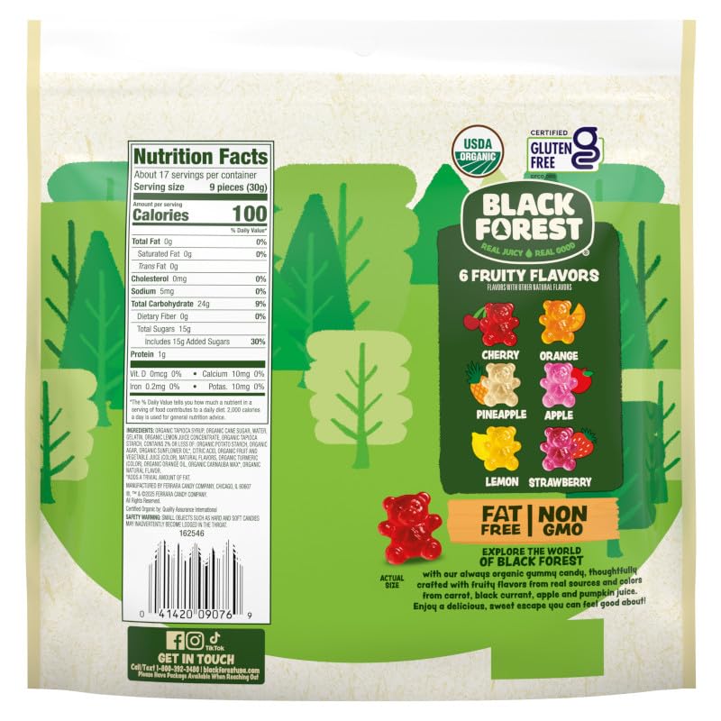 Black Forest Organic Gummy Bears close-up shows vibrant colors from real fruit sources.