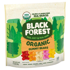 Black Forest Organic Gummy Bears close-up of juicy, chewy gummies with fruity aroma.
