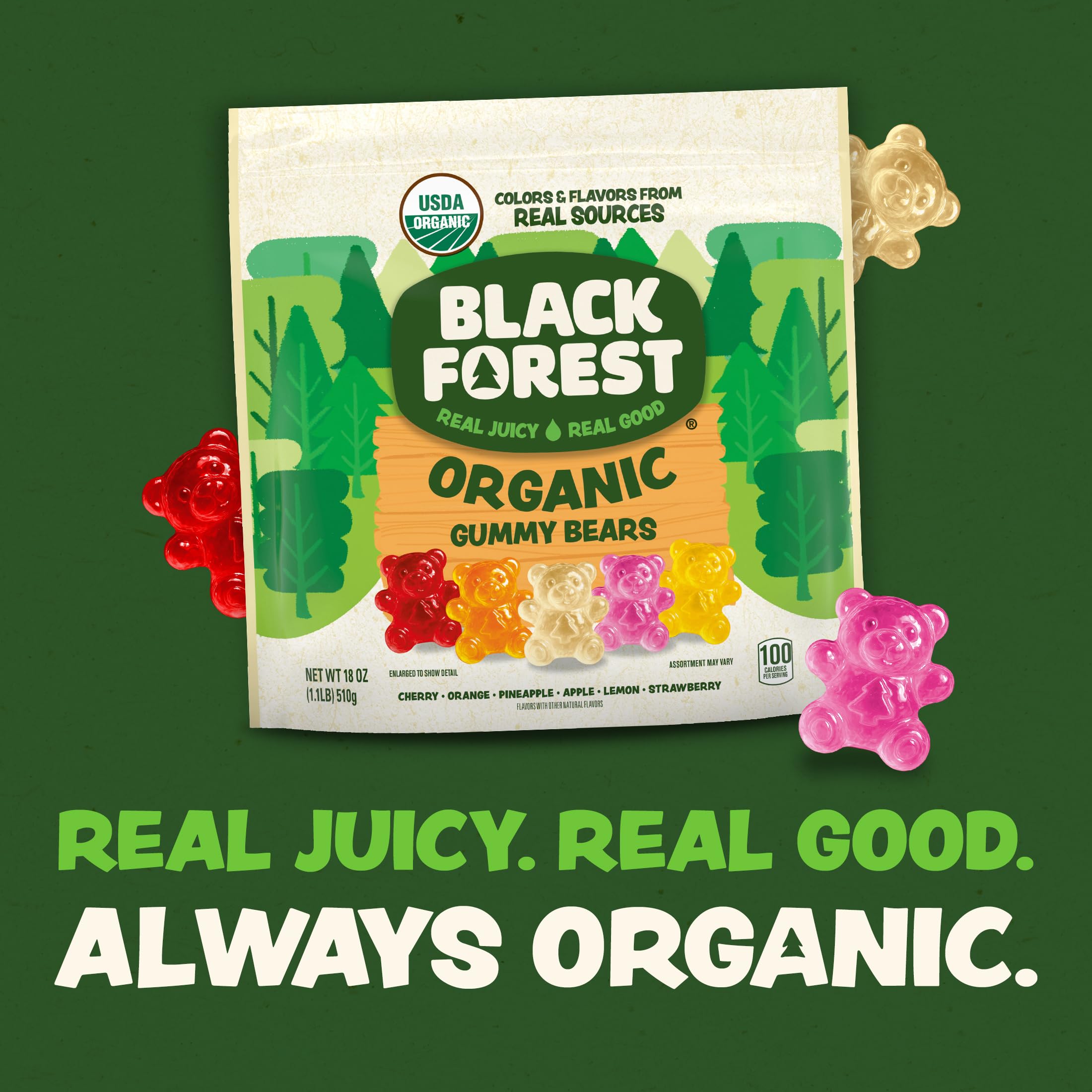 Black Forest Organic Gummy Bears resealable bag for fresh, convenient snacking.