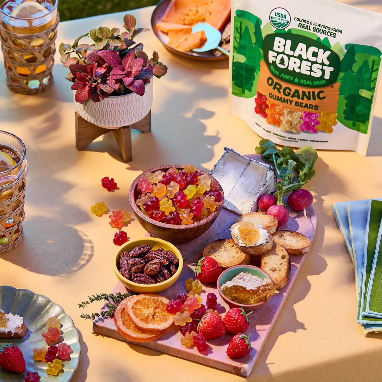 Black Forest Organic Gummy Bears strawberry-flavor gummies with rosy pink tone.