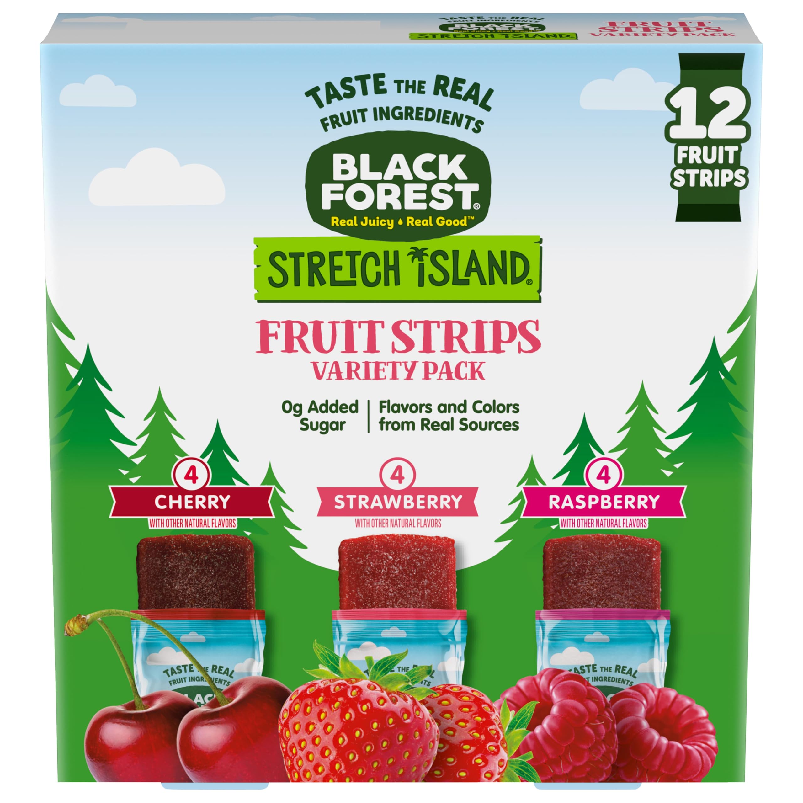 Black Forest Stretch Island Fruit Strips box front showing three flavors.