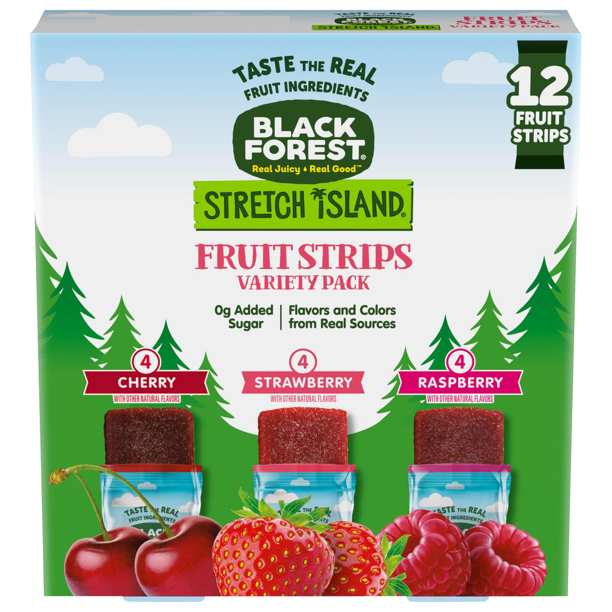 Black Forest Stretch Island Fruit Strips box front showing three flavors.
