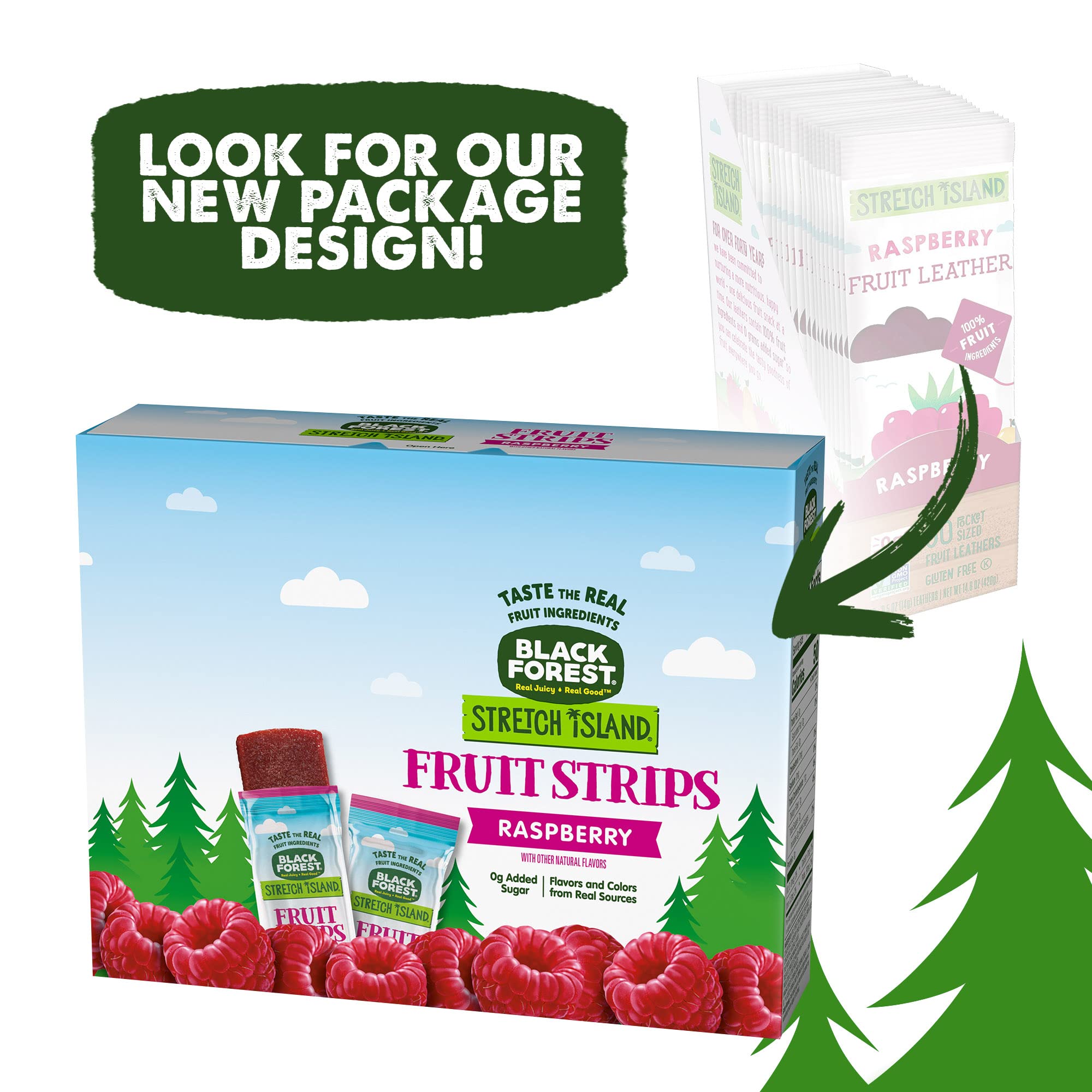 Box of Black Forest Stretch Island Raspberry Strips opened with 30 servings.