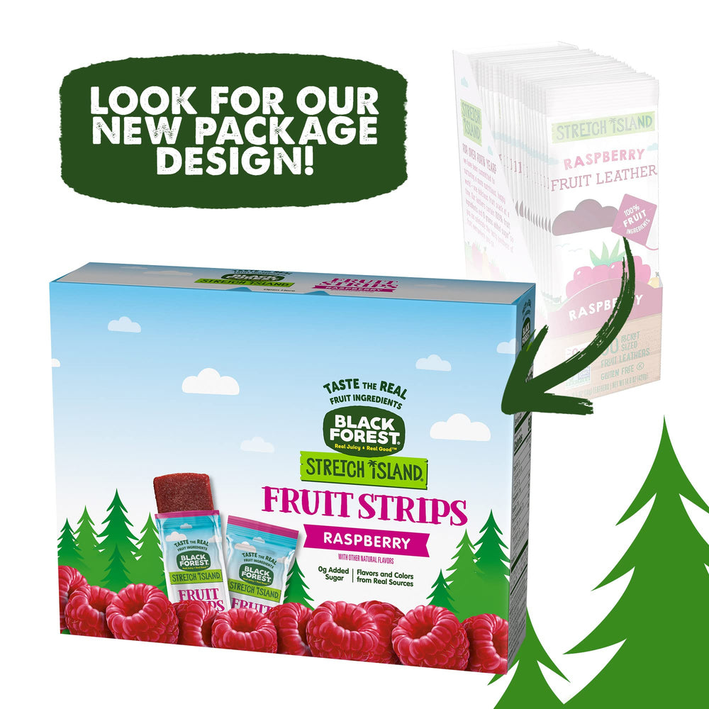 Box of Black Forest Stretch Island Raspberry Strips opened with 30 servings.