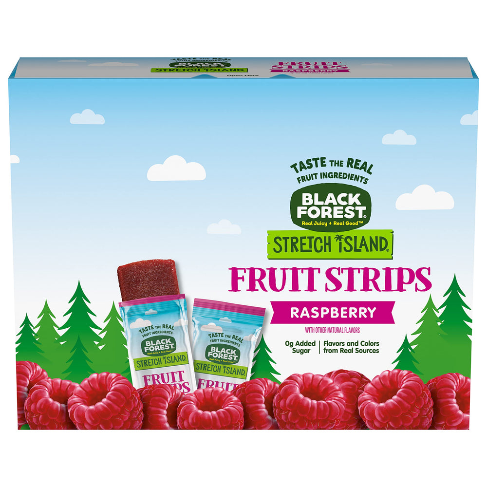 Black Forest Stretch Island Raspberry Strips box, ideal for lunchboxes and on-the-go.