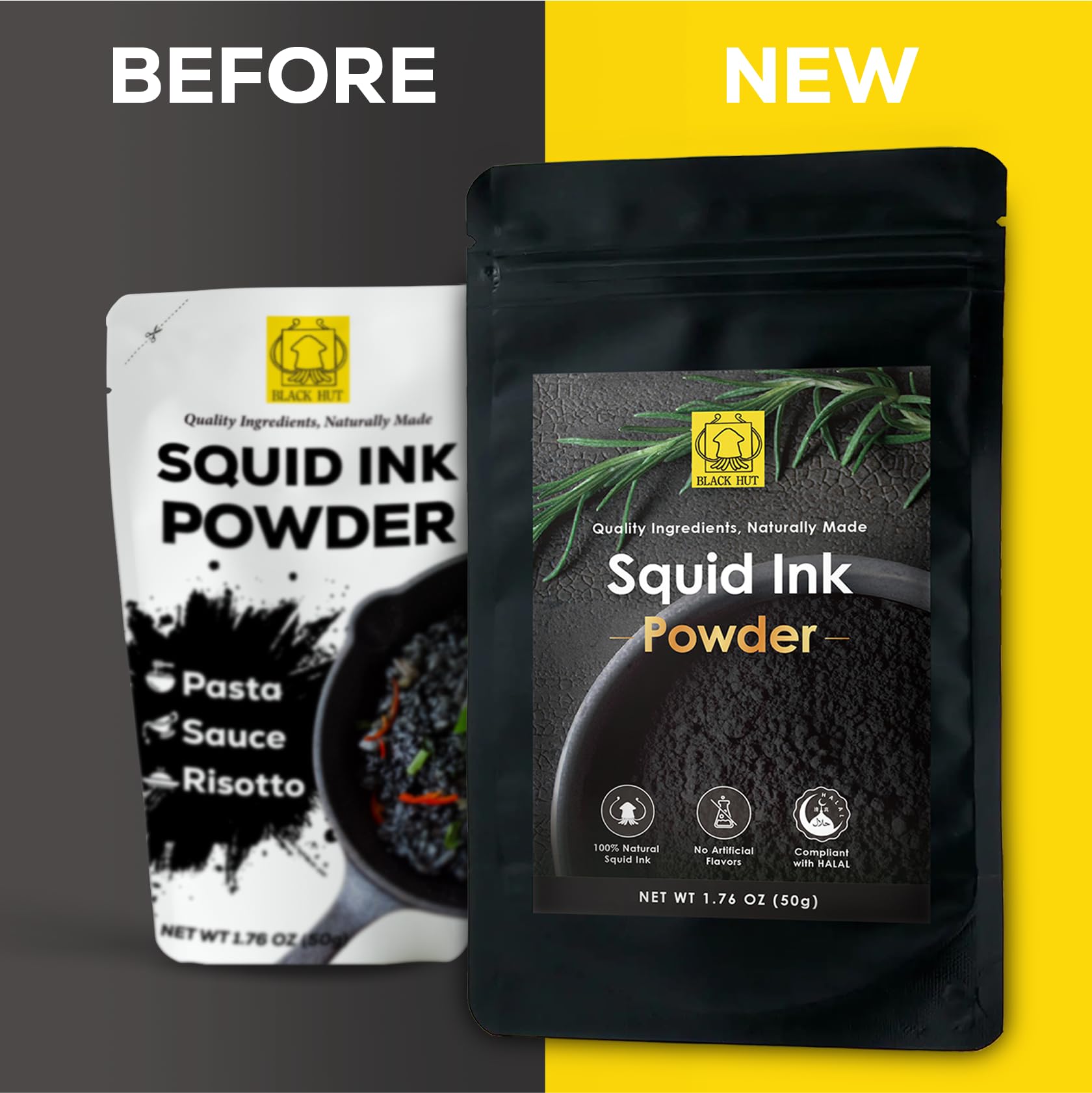Ingredient label highlighting squid ink and natural pigment from Black Hut