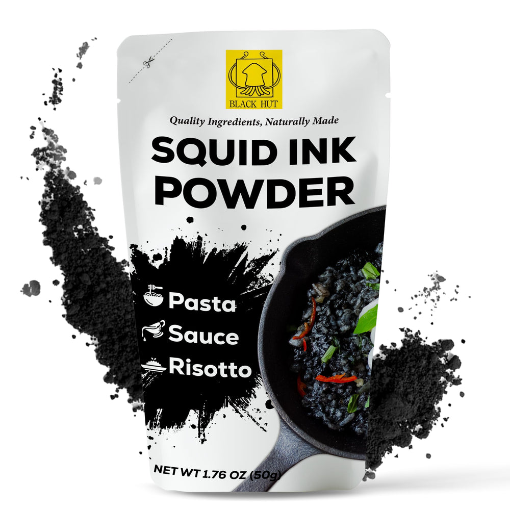 Black Hut squid ink powder packaging showing premium, shelf-stable color for the kitchen