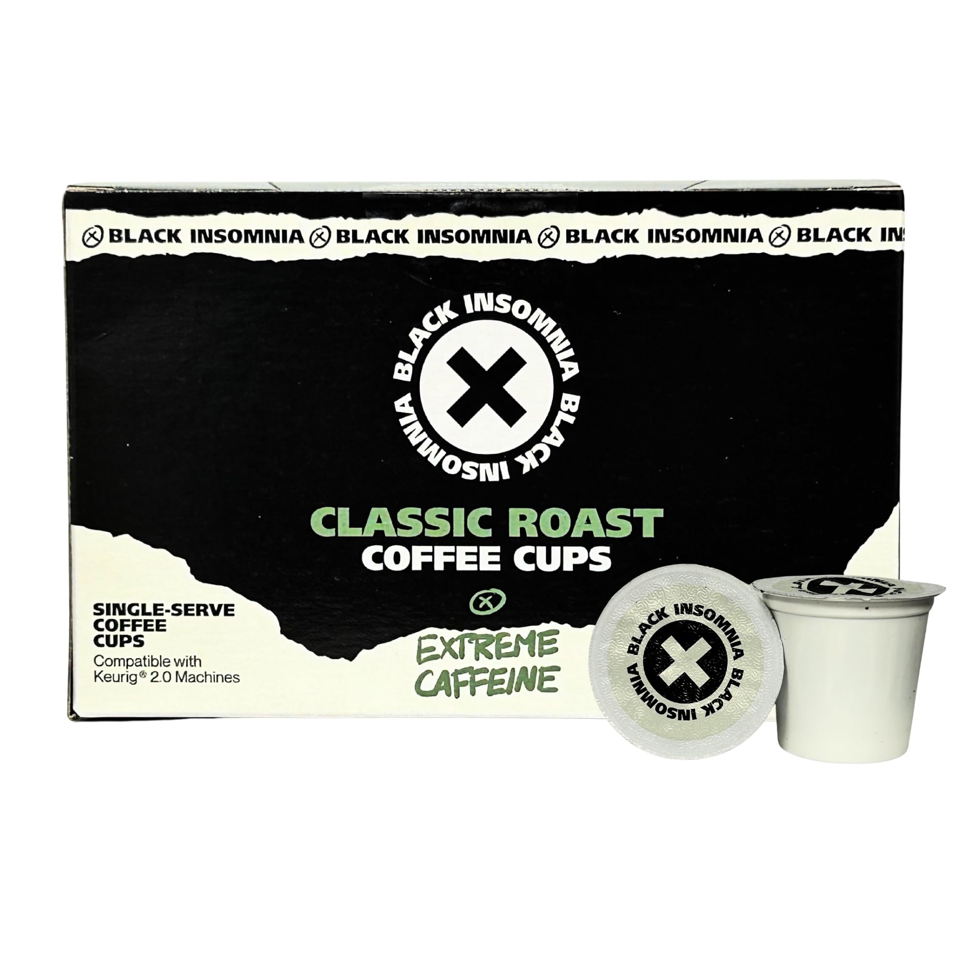 Black Insomnia extreme caffeine cups ready for Keurig brewers and bold flavor