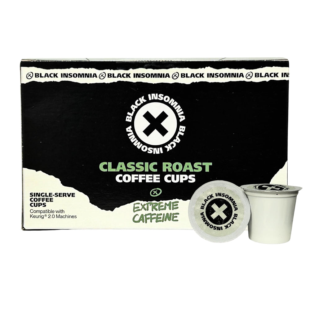 Black Insomnia extreme caffeine cups ready for Keurig brewers and bold flavor