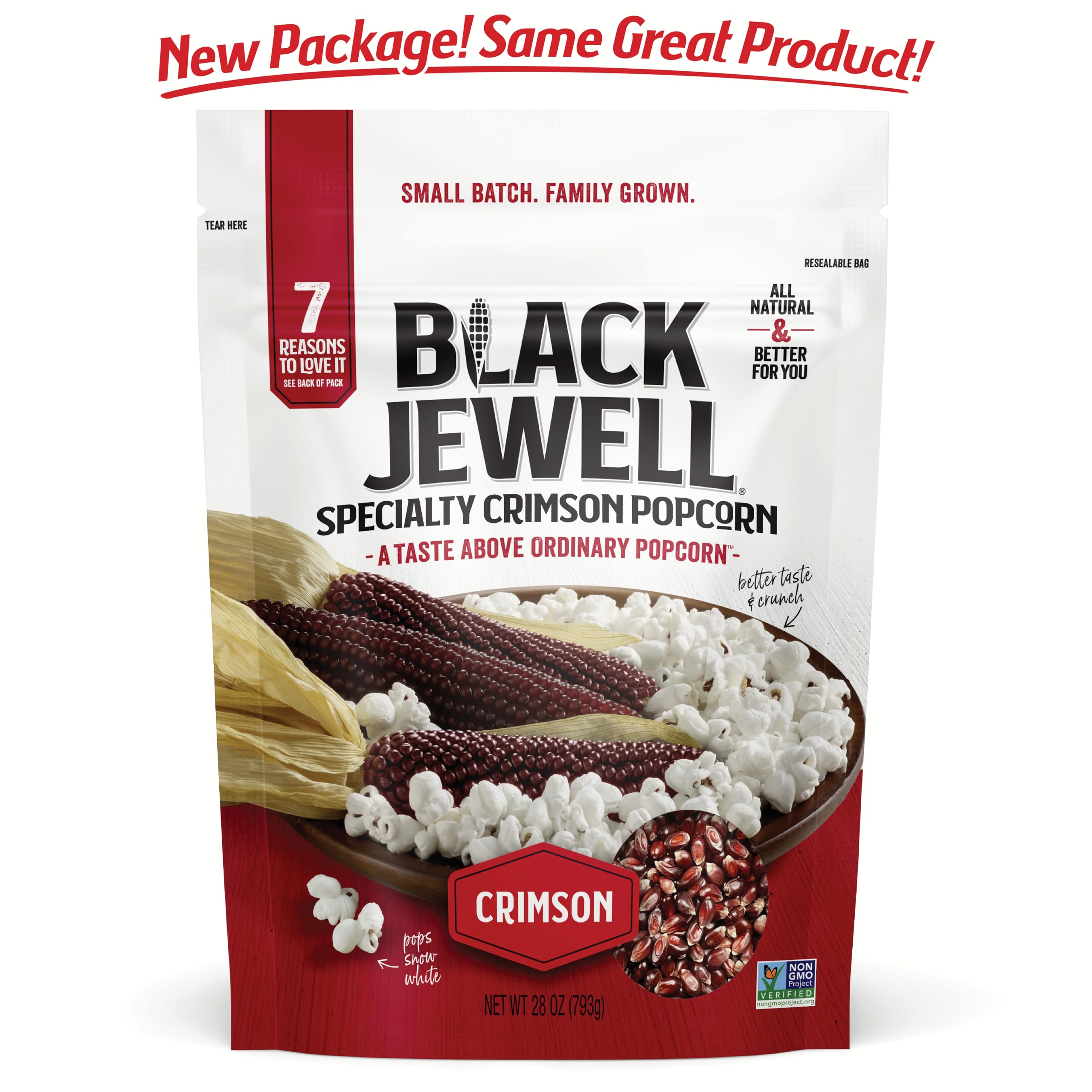 Black Jewell Crimson popcorn bowl showing bright white, crunchy popcorn.
