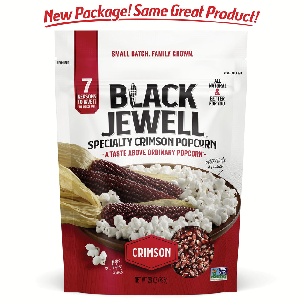 Black Jewell Crimson popcorn bowl showing bright white, crunchy popcorn.