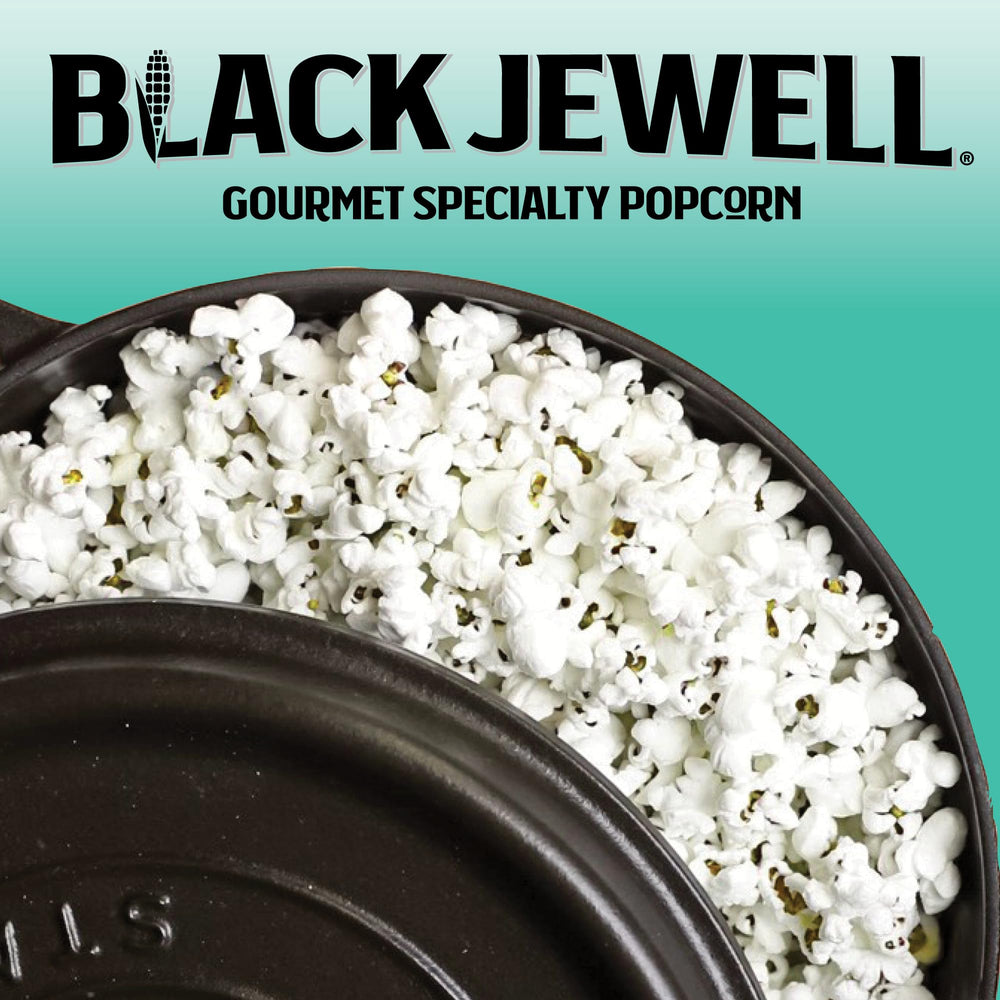 Black Jewell Organic Popcorn Select White label shows non-GMO and gluten-free.
