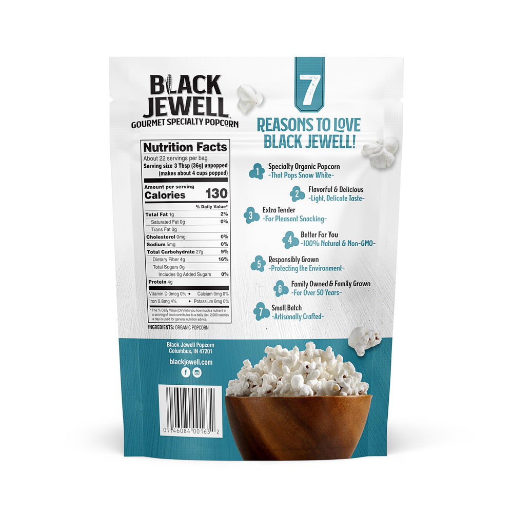 Black Jewell Organic Popcorn Select White kernel closeup highlights tender texture.