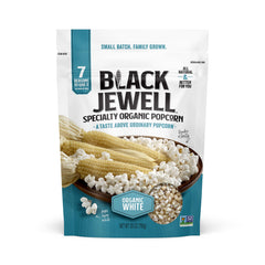 Black Jewell Organic Popcorn Select White package front shows non-GMO, gluten-free promise.