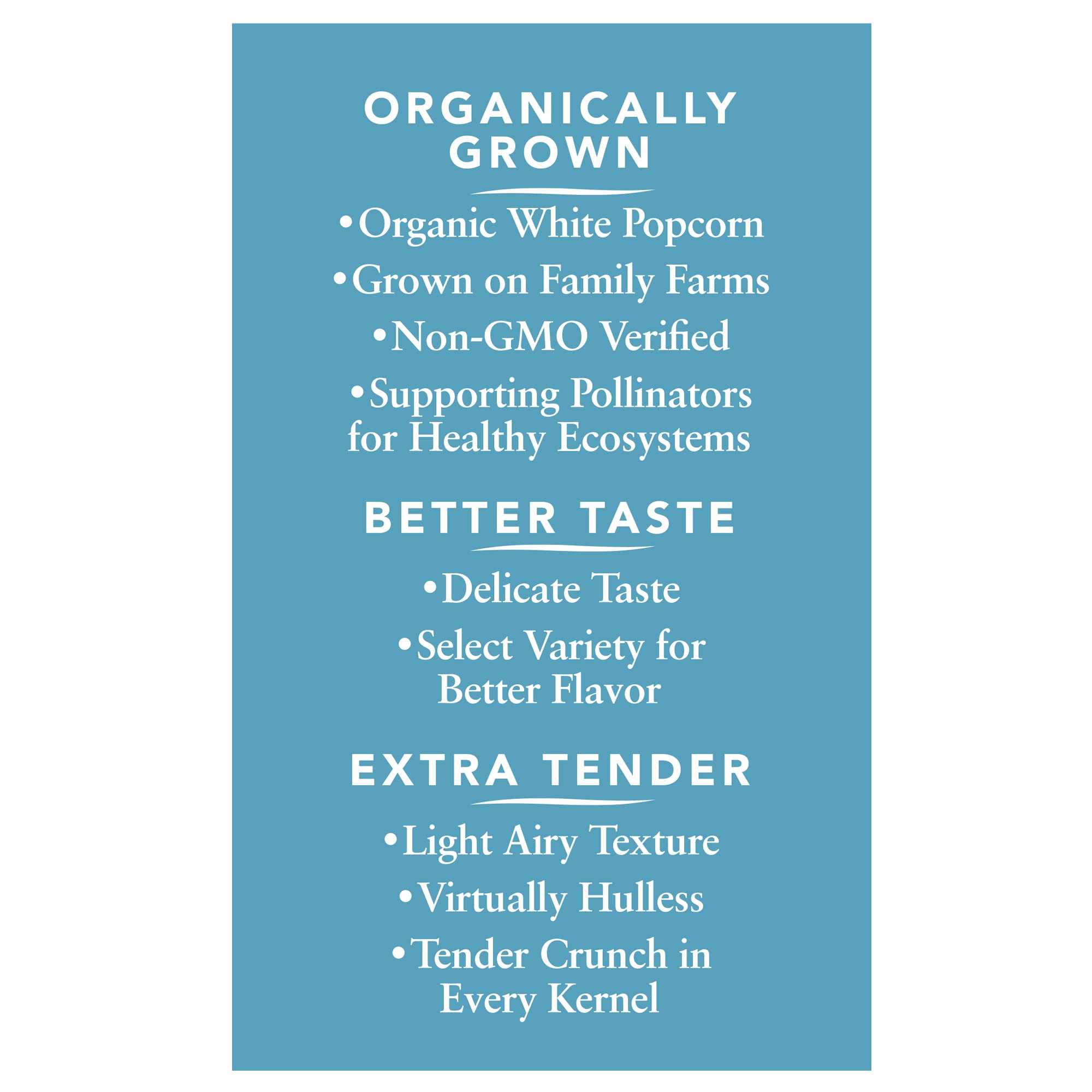 Black Jewell Organic Popcorn Select White packaging sides emphasize eco-friendly farming.