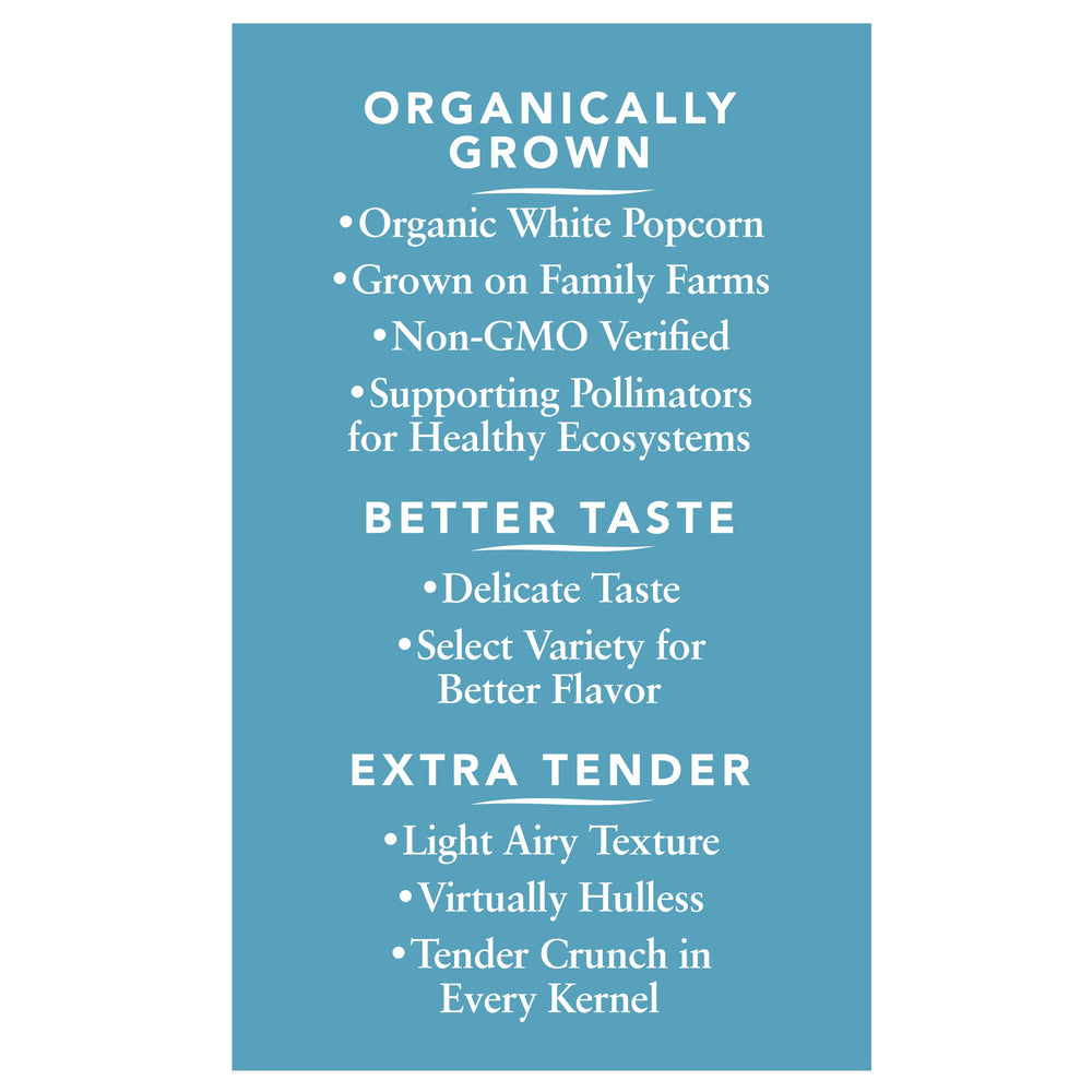 Black Jewell Organic Popcorn Select White packaging sides emphasize eco-friendly farming.