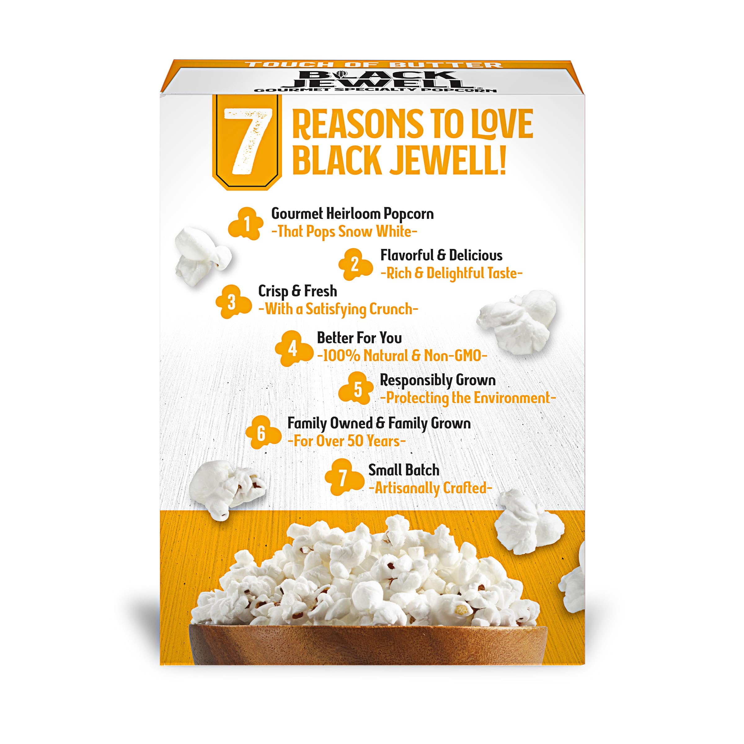 Black Jewell popcorn with butter drizzle suggests rich, tasty flavor for cozy evenings.
