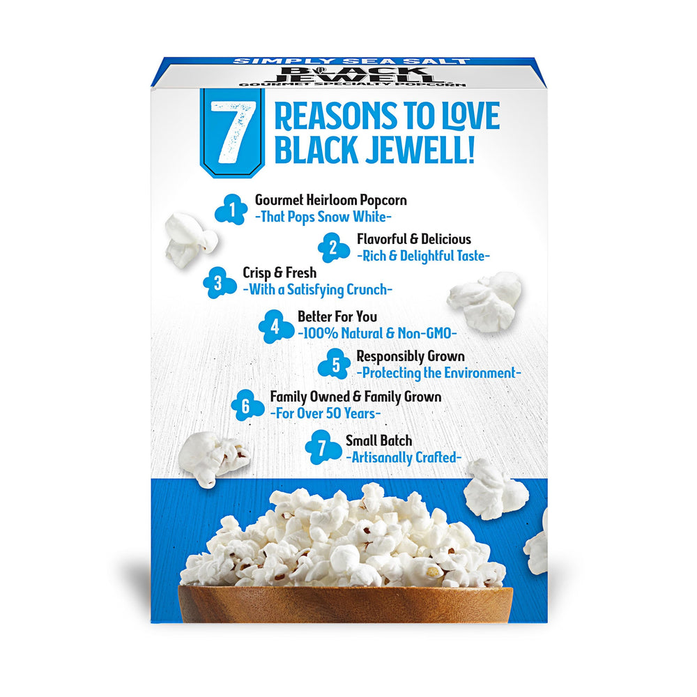 Close-up of Black Jewell Simply Sea Salt kernels with snack-ready crunch.