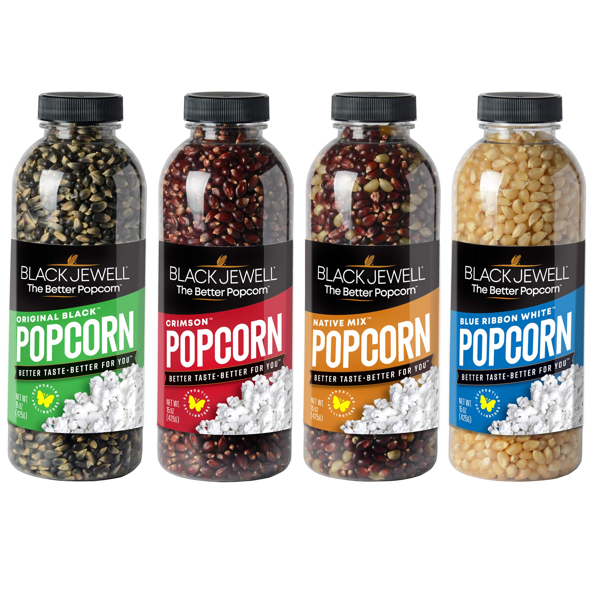Black Jewell popcorn kernels in the bag front offer premium hull-free snacking.