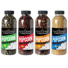 Black Jewell popcorn kernels in the bag front offer premium hull-free snacking.