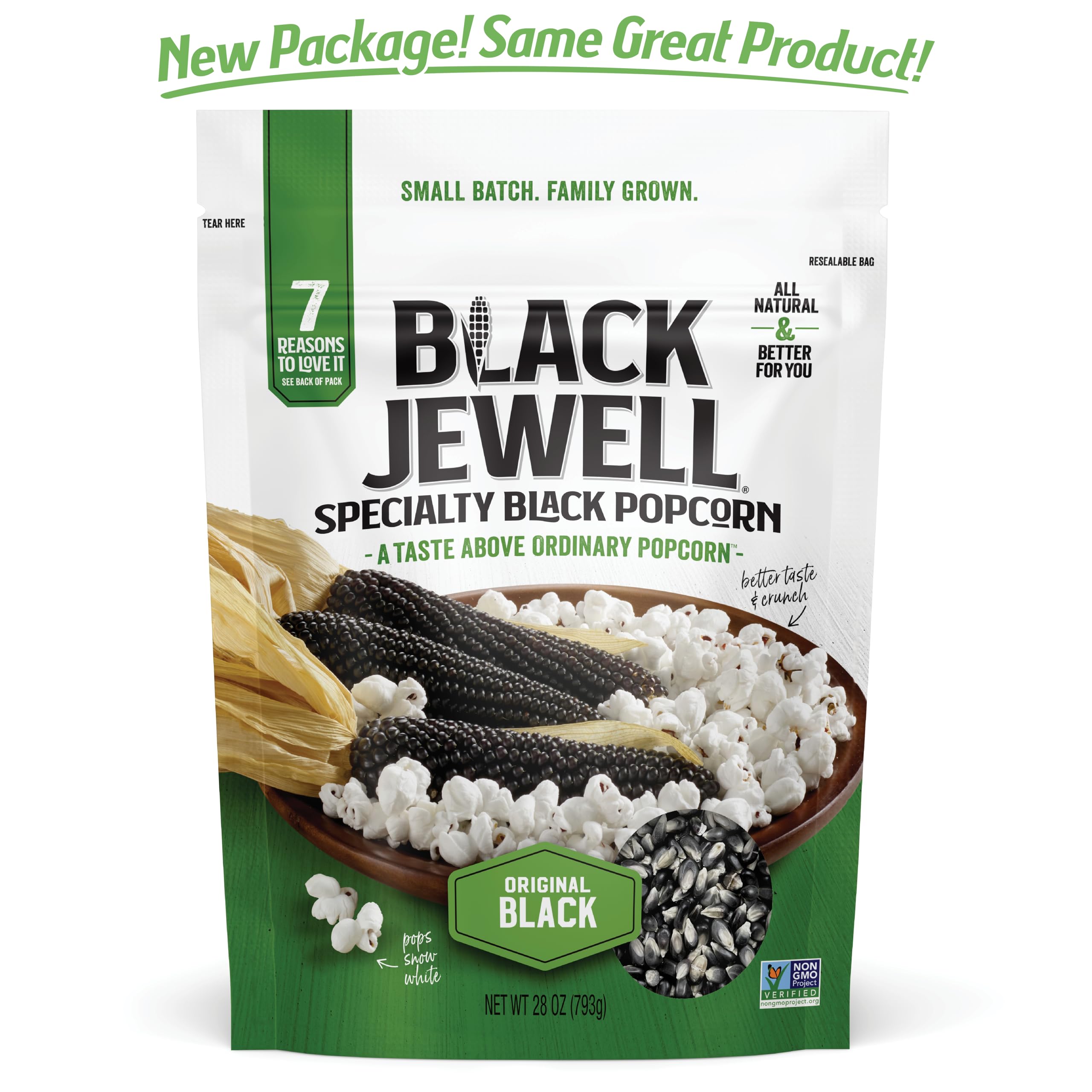 Popped Black Jewell Original Black popcorn, bright white and crispy, ideal for tasty snacking.