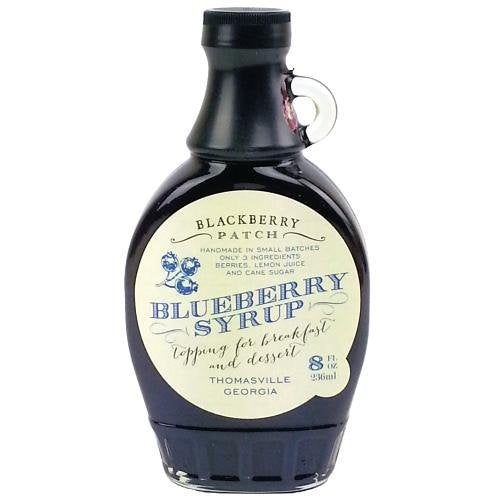 Blackberry Patch Blueberry Syrup bottle, three ingredients, ideal drizzle for pancakes and waffles.