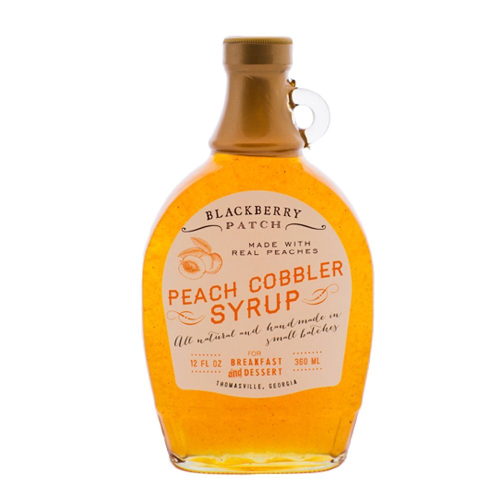 Blackberry Patch Peach Cobbler Syrup bottle highlights all natural flavor for breakfast