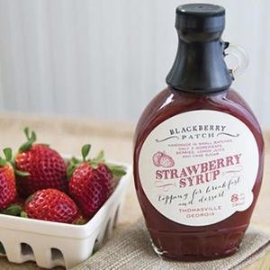 Close-up of Blackberry Patch Strawberry Syrup label showing small-batch Georgia-made quality