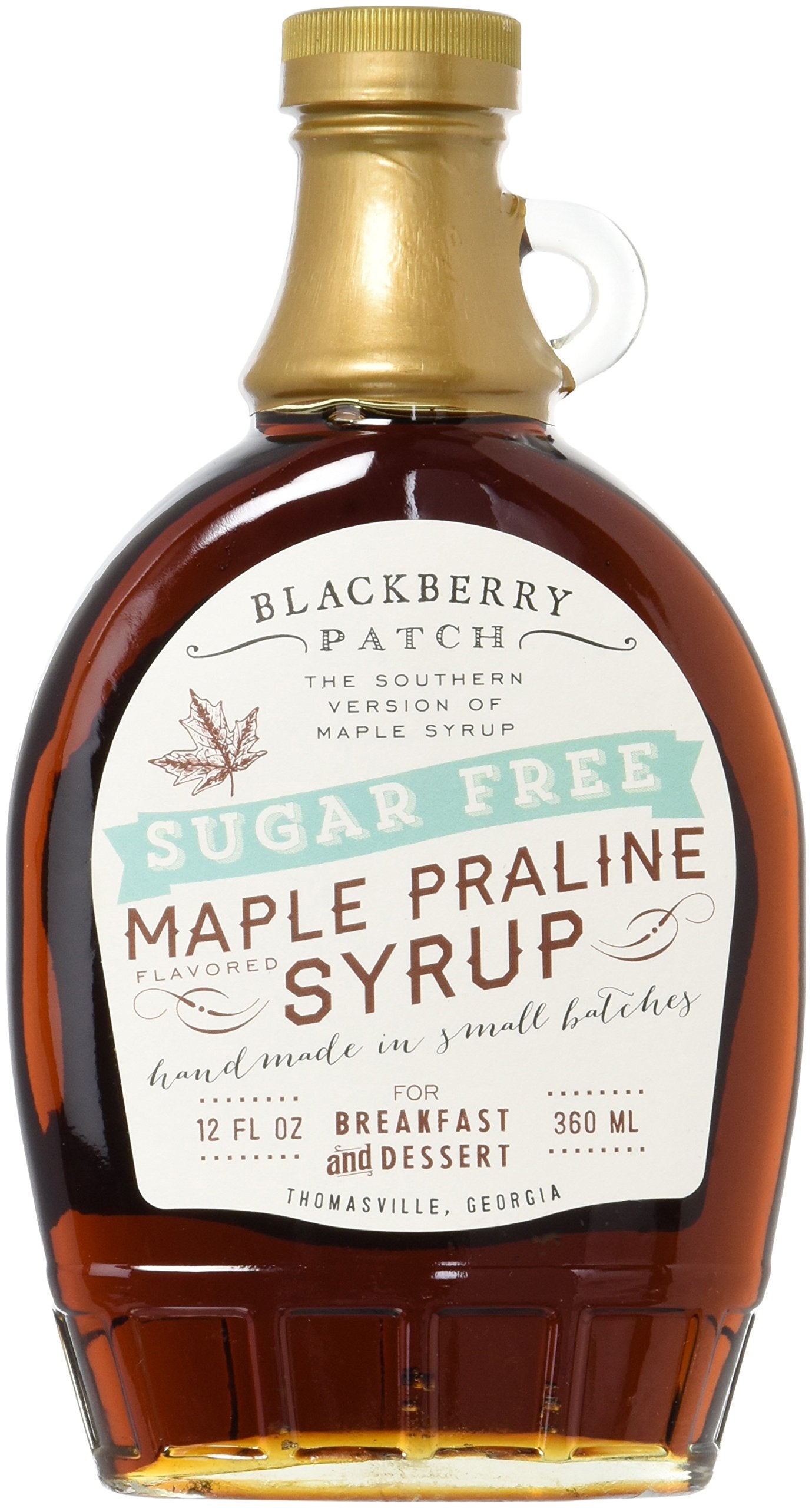 Blackberry Patch sugar-free maple praline syrup bottle close-up for low-calorie flavor