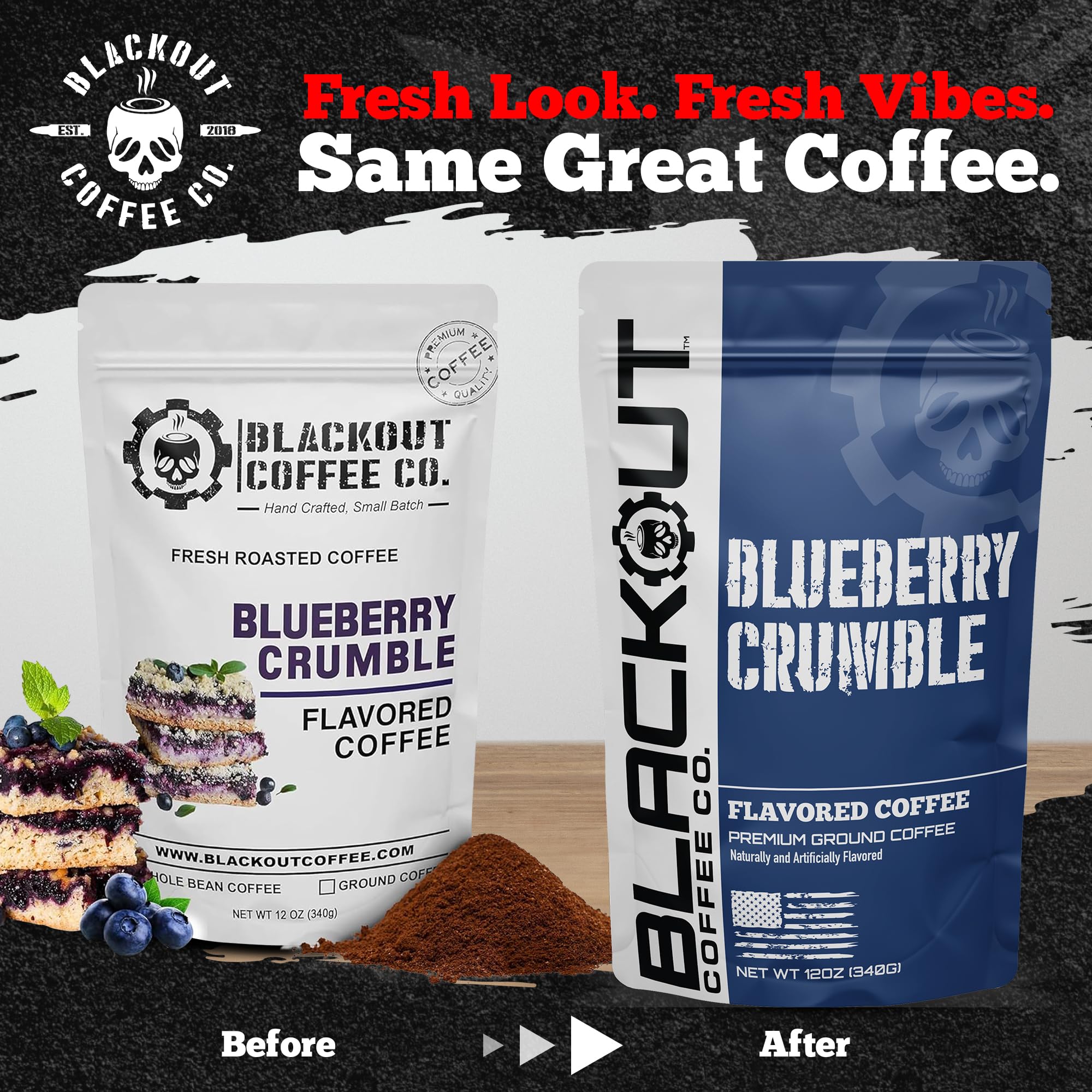 Blackout Coffee Co. Blueberry Crumble bag front highlighting premium Arabica beans for a refined cup
