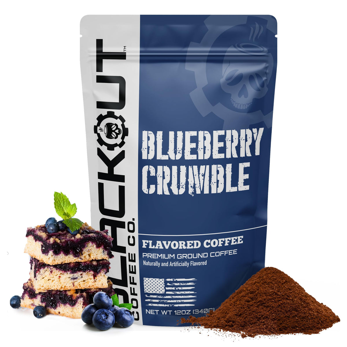 Blackout Coffee Co. Blueberry Crumble ground coffee pack with rich, smooth flavor