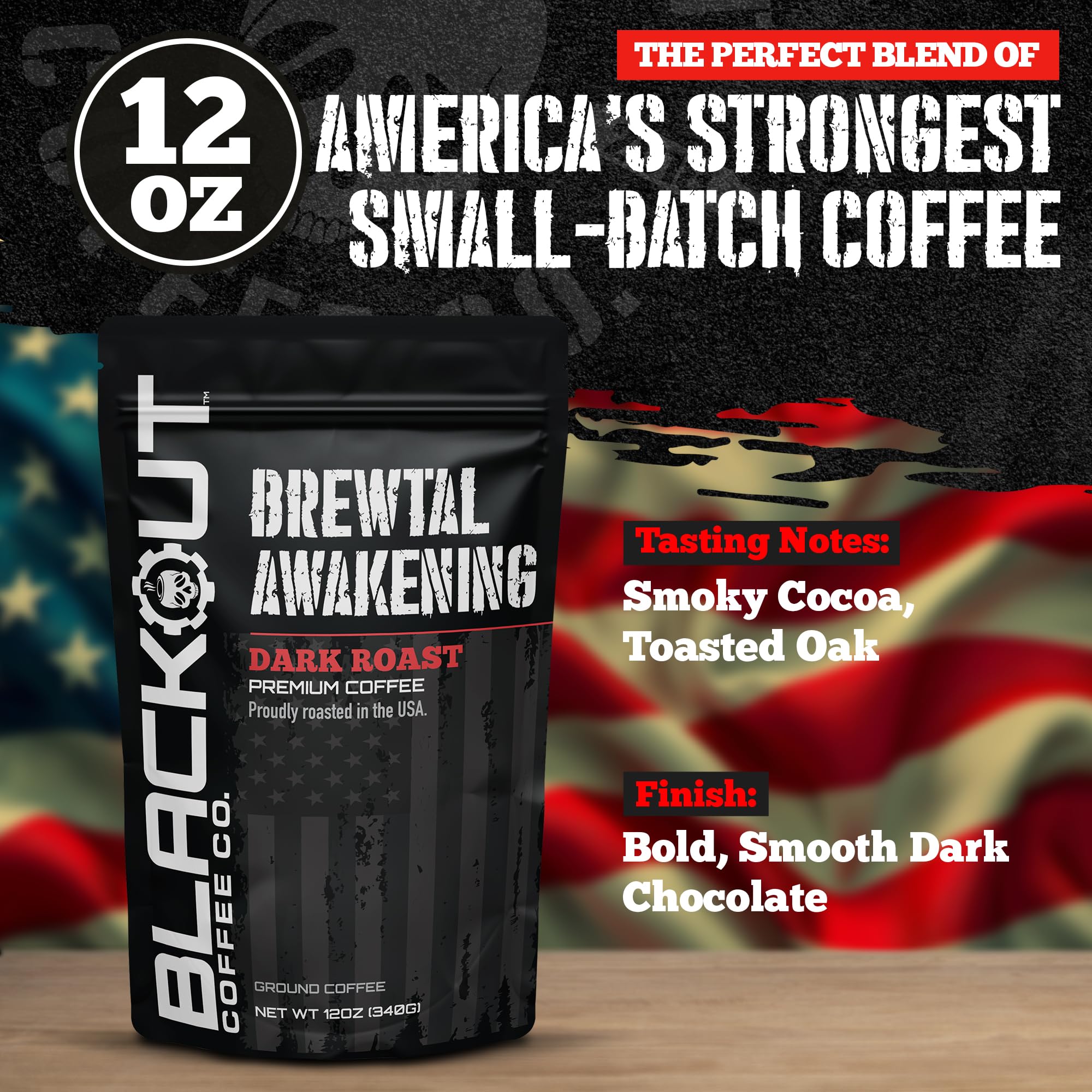 Steaming cup of Brewtal Awakening signals bold flavor and caffeine kick.
